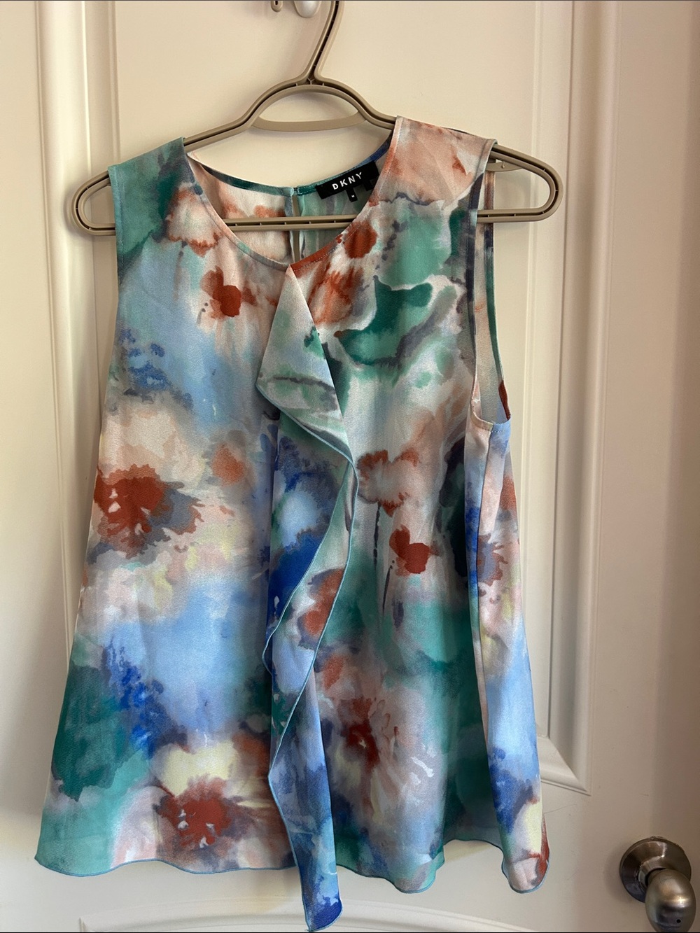 DKNY Watercolor Ruffle Sleeveless Camisole in Teal, Blue & Rust